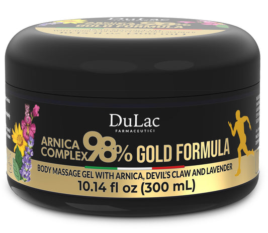 Dulàc Arnica Body Massage Gel bottle close-up for soothing massage