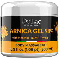 Dulac Arnica gel bottle showing lightweight, fast-absorbing massage formula.