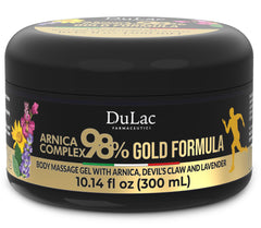 Dulàc Arnica Body Massage Gel bottle close-up for soothing massage