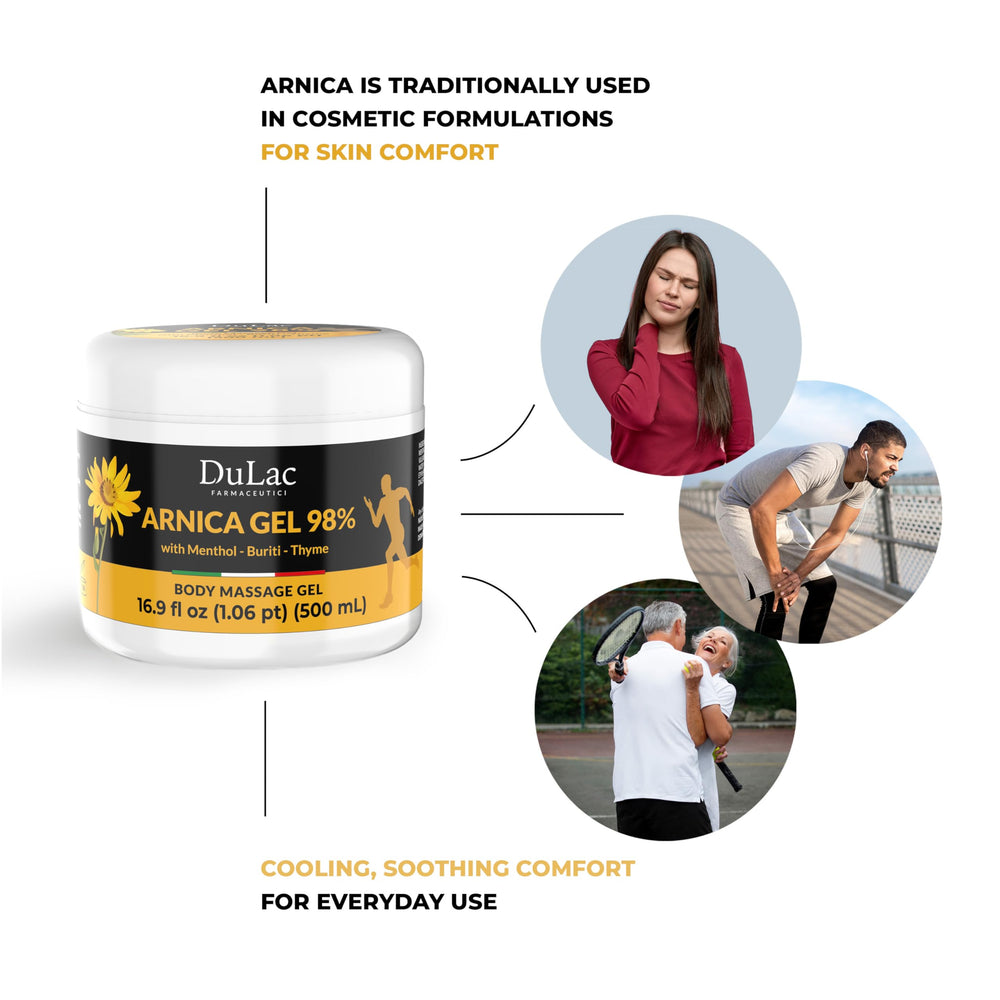Dulac Arnica Body Massage Gel label with dermatologically tested badge.
