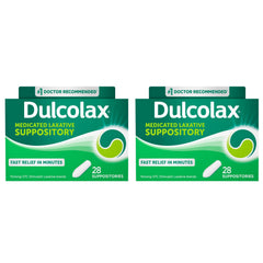 Dulcolax front packaging of the 2-pack 28-count suppositories, ready for quick relief