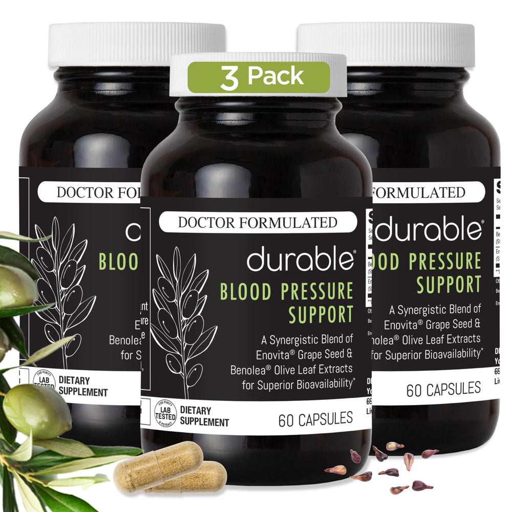 Durable Blood Pressure bottle label highlights olive leaf and grape seed blend for circulatory wellness.