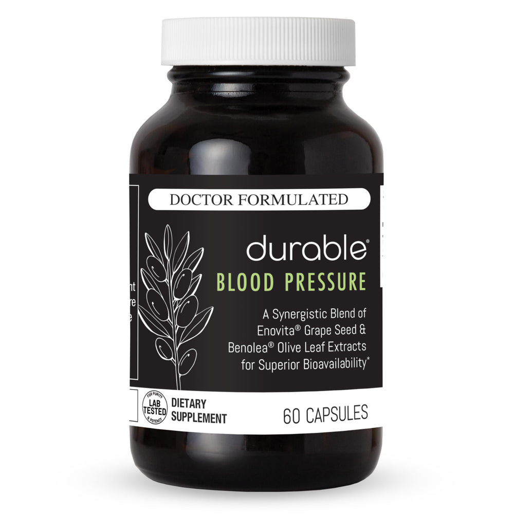Durable Blood Pressure bottle front view shows a doctor-formulated blend for circulatory support.