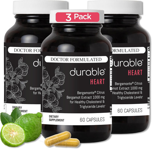 Durable Heart bottle close-up showing capsules for cardiovascular support.