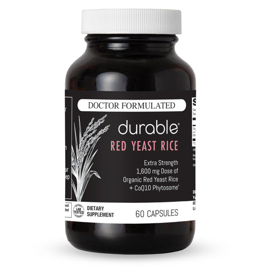 Durable Red Yeast Rice bottle showing daily dosage support for heart health.