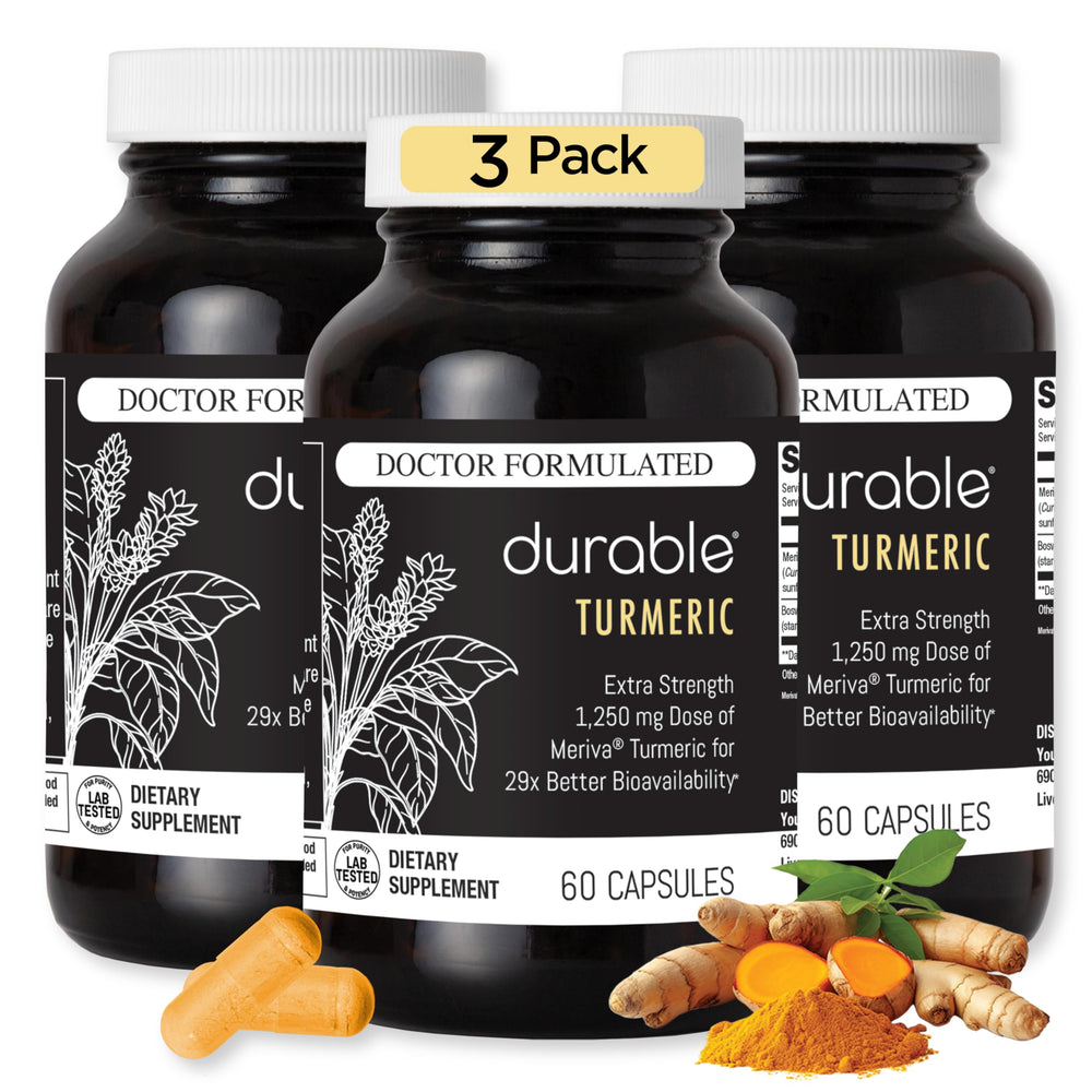 Durable Turmeric 1250mg Meriva Curcumin bottle with label highlighting high absorption for daily joint support.