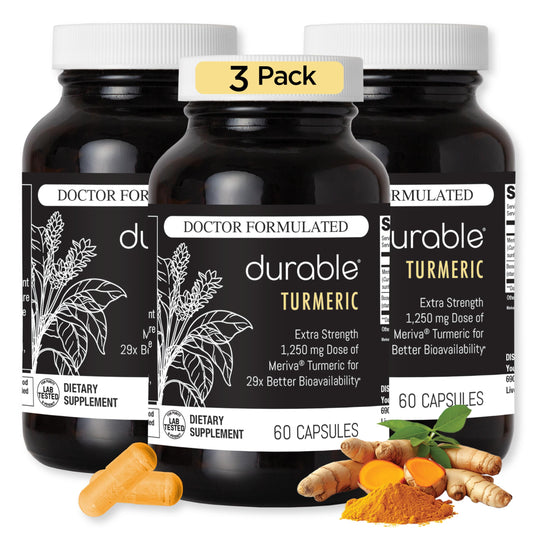 Durable Turmeric 1250mg Meriva Curcumin bottle with label highlighting high absorption for daily joint support.