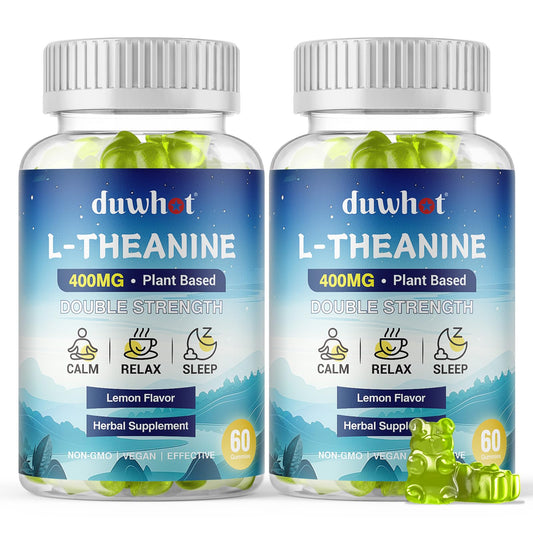 duwhot L-Theanine gummies bottle front shows calm lemon flavor and vegan formula