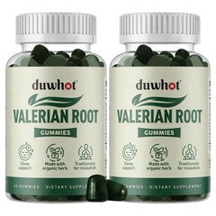 Duwhot Valerian Root Gummy bottle showing a 120-count jar for restful nights.