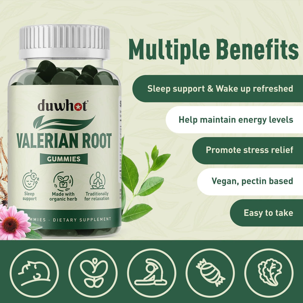 Duwhot Valerian Root Gummy kids-friendly packaging image suggests family-friendly bedtime option.