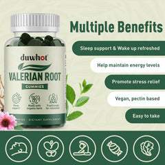 Duwhot Valerian Root Gummy kids-friendly packaging image suggests family-friendly bedtime option.