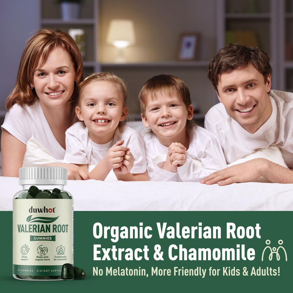 Duwhot Valerian Root Gummy serving next to water illustrates daily use.