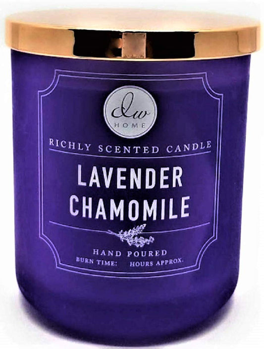 DW Home Lavender Chamomile candle in purple tumbler with lid, ideal for cozy evenings.
