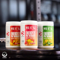 Dymatize Energyze bottle on bag illustrates convenient preworkout for on-the-go workouts.