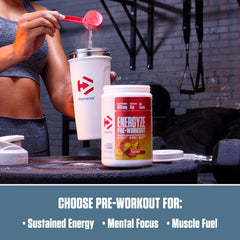 Dymatize Energyze glass with Peach Mango liquid visualizes refreshing, sugar-free support for workouts.