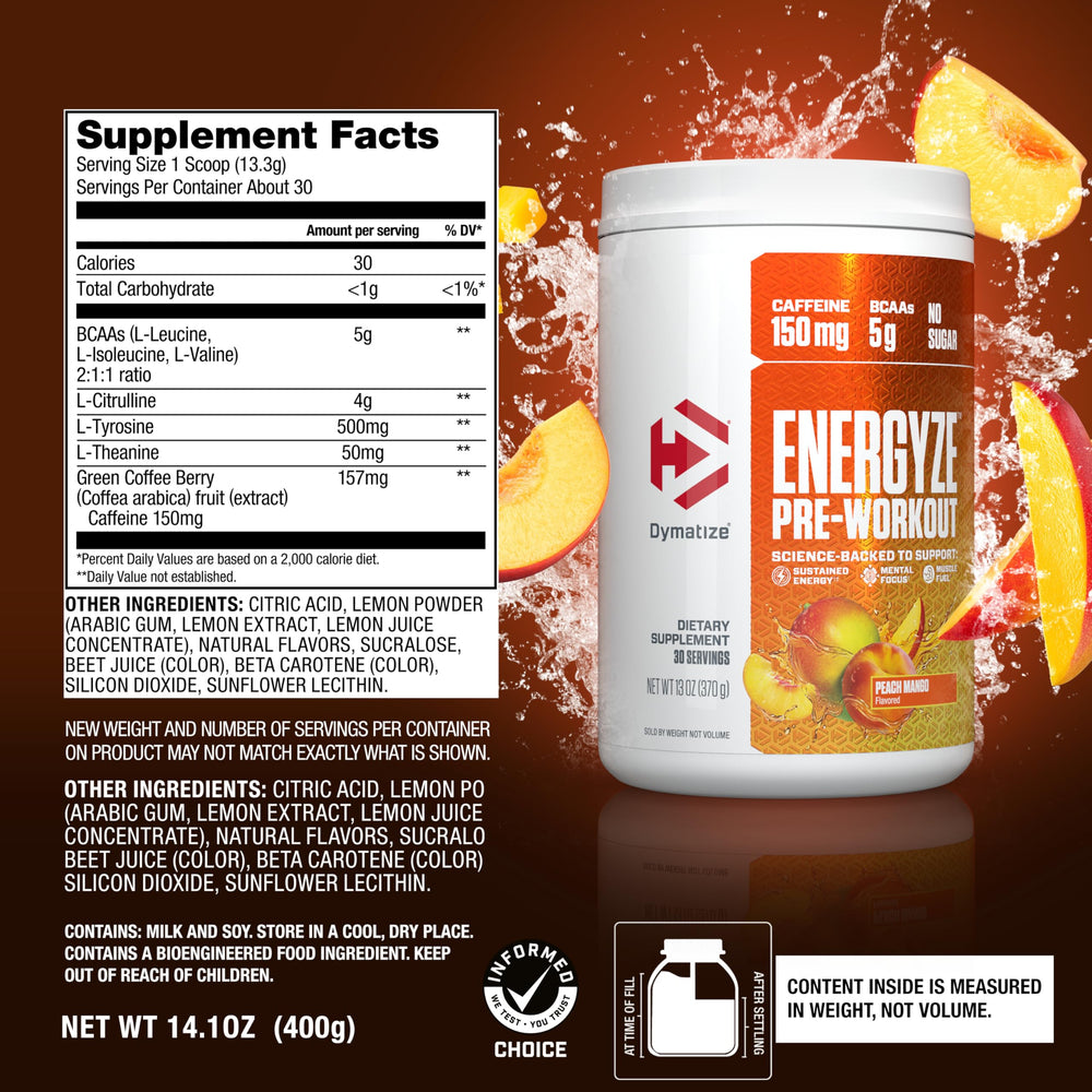 Dymatize Energyze label closeup highlights no sugar and key ingredients.