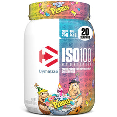 Dymatize ISO100 Birthday Cake Pebbles tub seen, premium protein for fast digestion