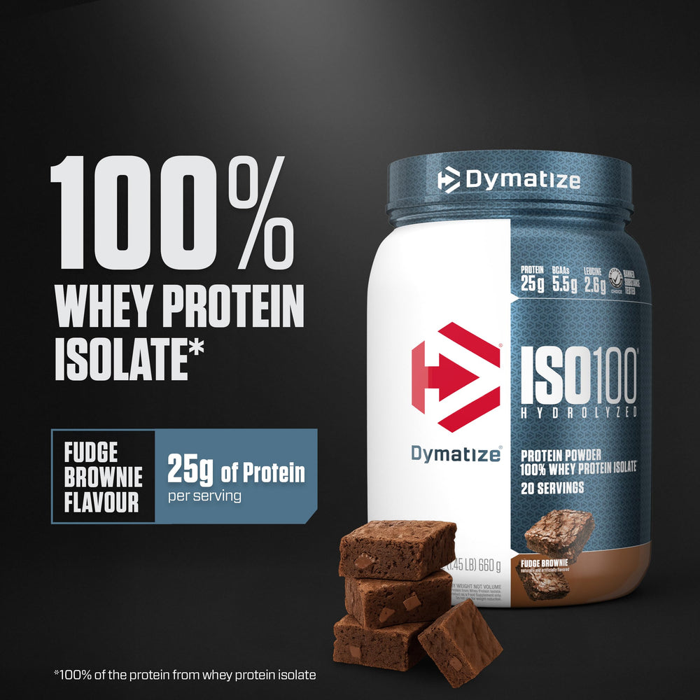 Dymatize ISO100 fudge brownie shake glass showing fast-absorption protein drink.