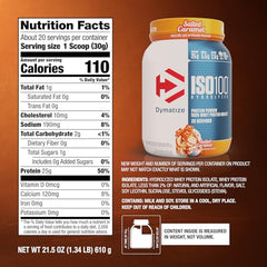 Dymatize ISO100 salted caramel bottle pouring demonstrates fast-digest protein for workouts