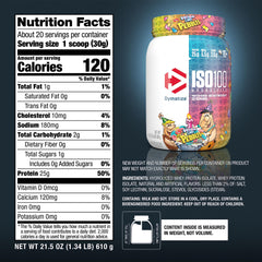 Dymatize ISO100 tub label closeup highlighting purity and quality