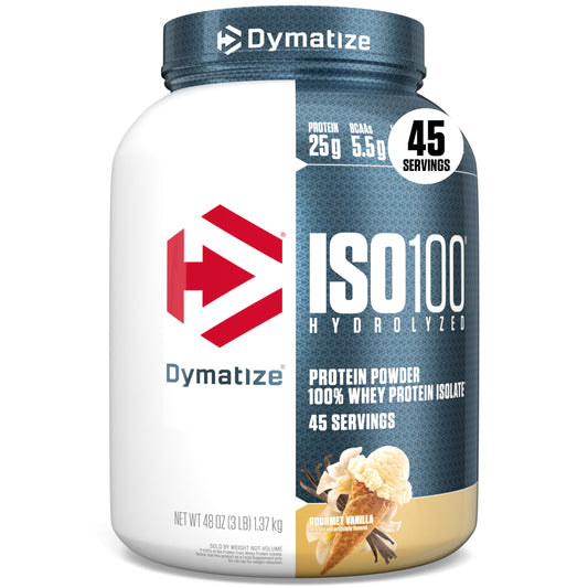 Dymatize ISO100 vanilla powder tub for quick protein after workouts.