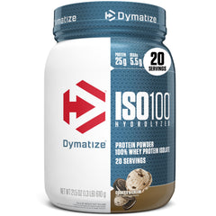 Dymatize ISO100 Cookies & Cream bottle showcases premium protein for fast digestion.