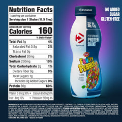 Dymatize Performance Protein Shake Fruity Pebbles glass pour highlights flavor and on-the-go option