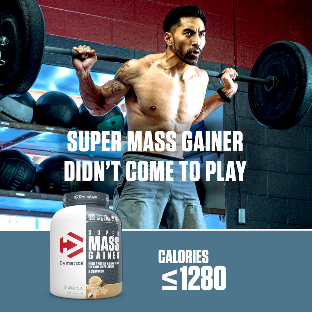Athlete using Dymatize Super Mass Gainer during training session.