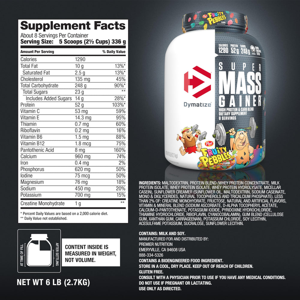 Creatine and glutamine blend in Dymatize Mass Gainer for endurance and recovery.