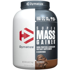 Dymatize Super Mass Gainer tub with rich chocolate powder for muscle growth