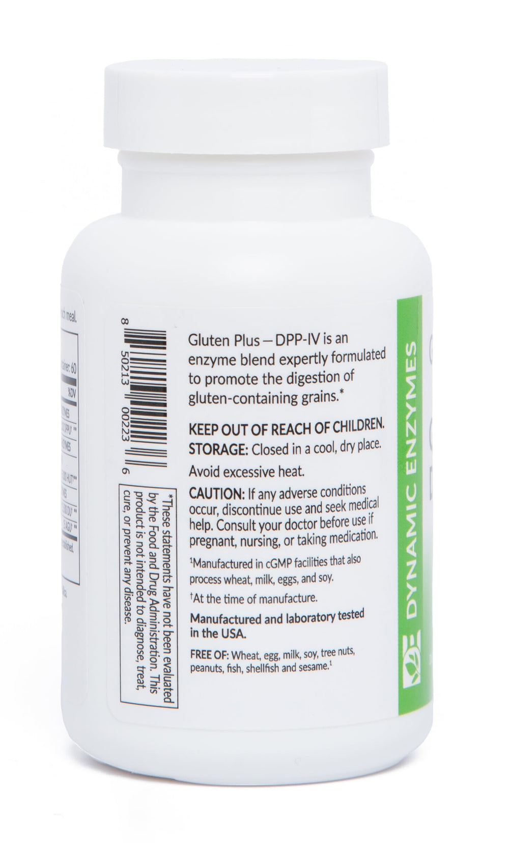 Dynamic Enzymes Gluten Plus capsules close-up showing vegetarian capsules for convenient use.