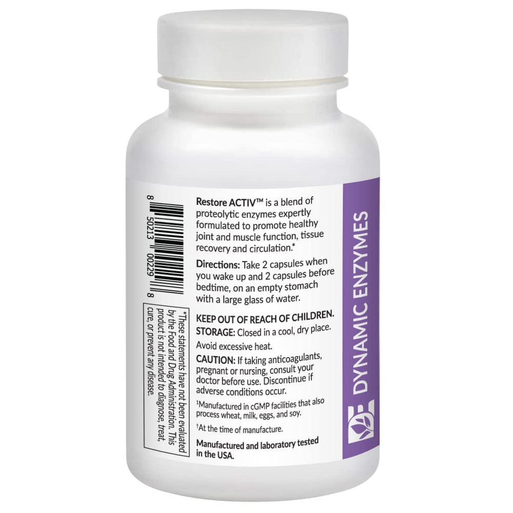 Dynamic Enzymes Restore ACTIV nattokinase label close-up emphasizing circulation support