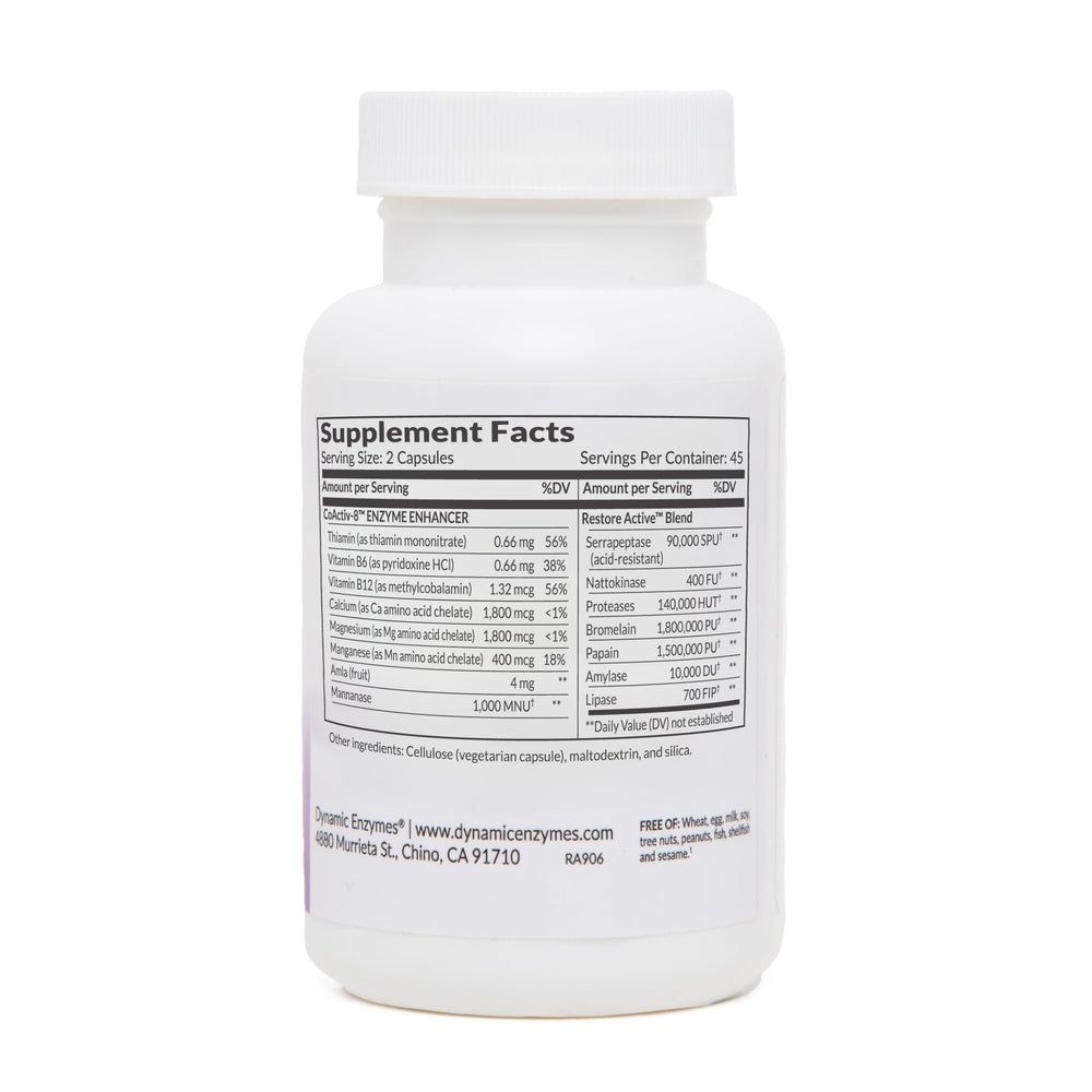 Dynamic Enzymes Restore ACTIV serrapeptase label close-up highlighting acid-resistant formula
