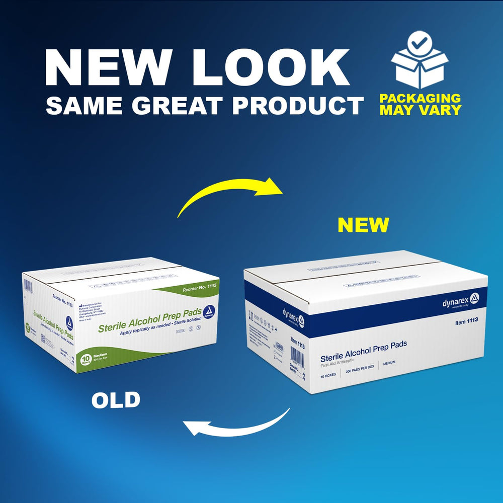 Dynarex 1113-CS sterile prep pad image highlights 70% IPA for quick external cleaning
