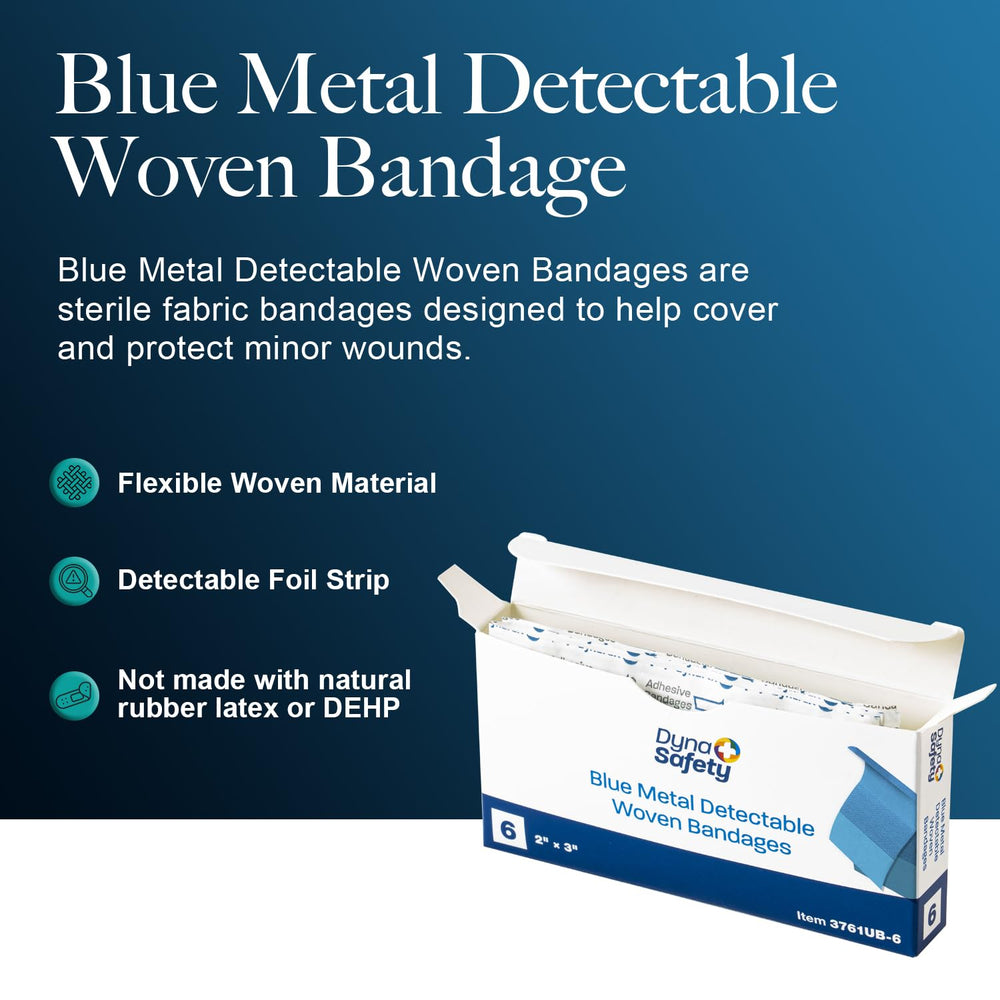 Dynarex blue bandages offer high visibility for quick spotting in workspaces.
