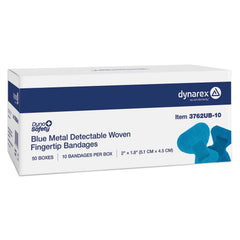 Dynarex blue metal-detectable fingertip bandages for visibility and safety.