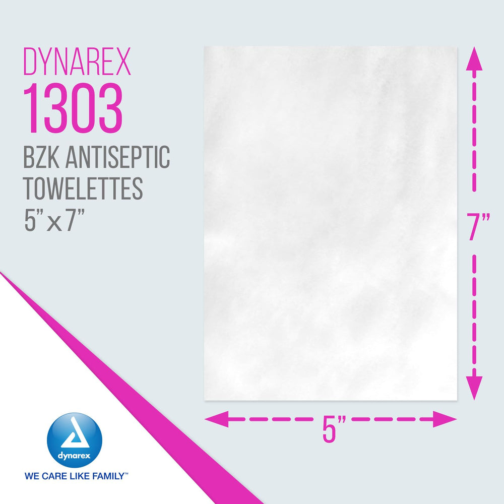 Dynarex BZK Antiseptic Towelettes 5x7 inch size ready for quick cleaning.