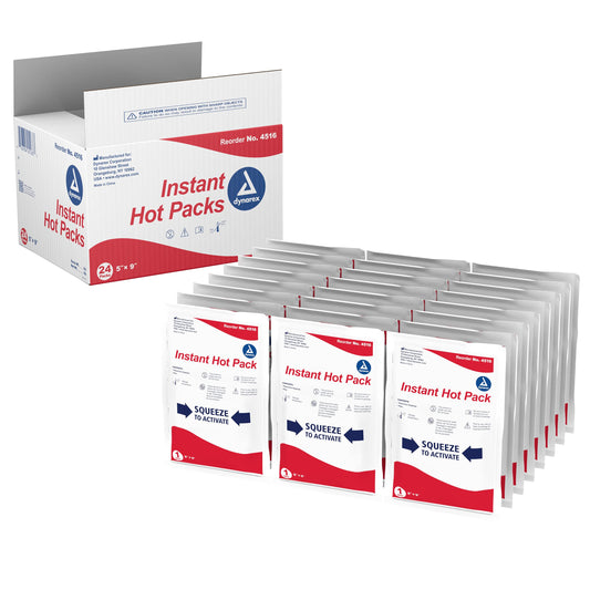 Dynarex Instant Hot Pack activation arrows show quick heat release.