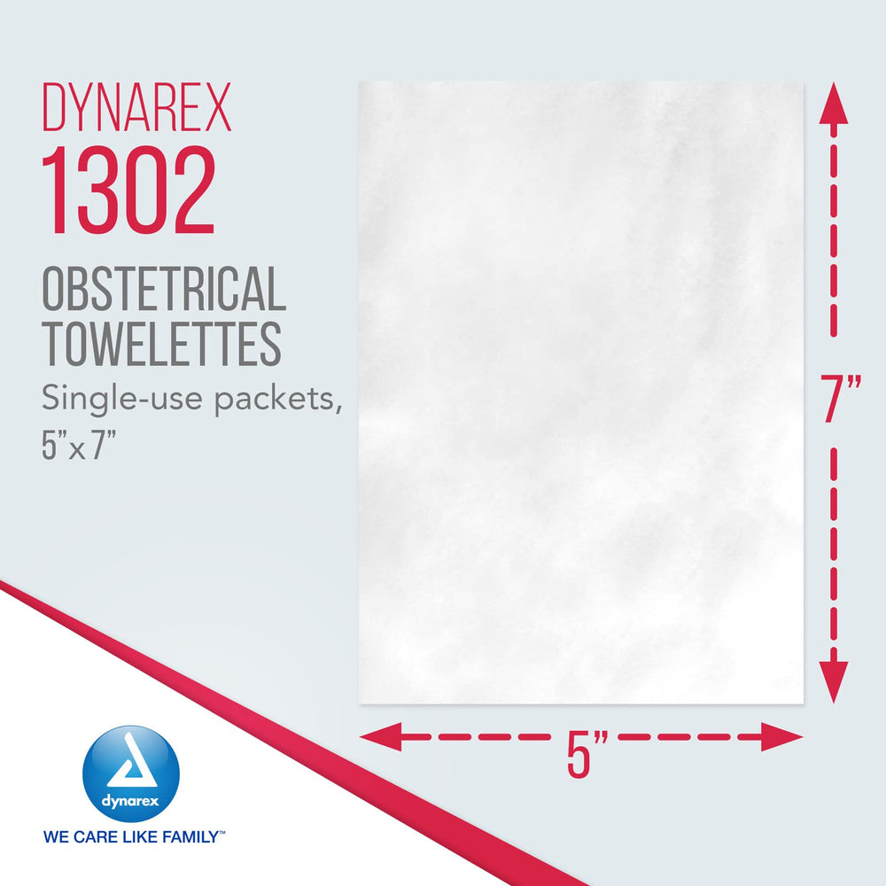 Dynarex Obstetrical Towelettes in hand demonstrate single-use hygiene.