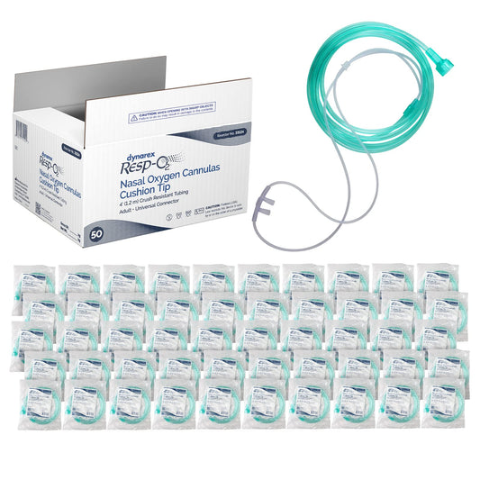 Dynarex Resp-O2 nasal cannula with cushion tip for gentle comfort during oxygen therapy.