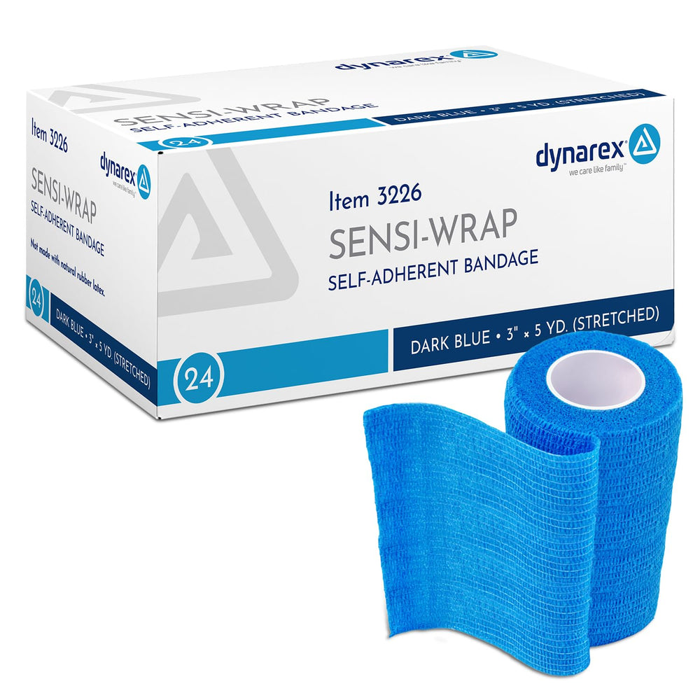 Dynarex Sensi-Wrap bandage roll in dark blue with secure self-adhesive compression.