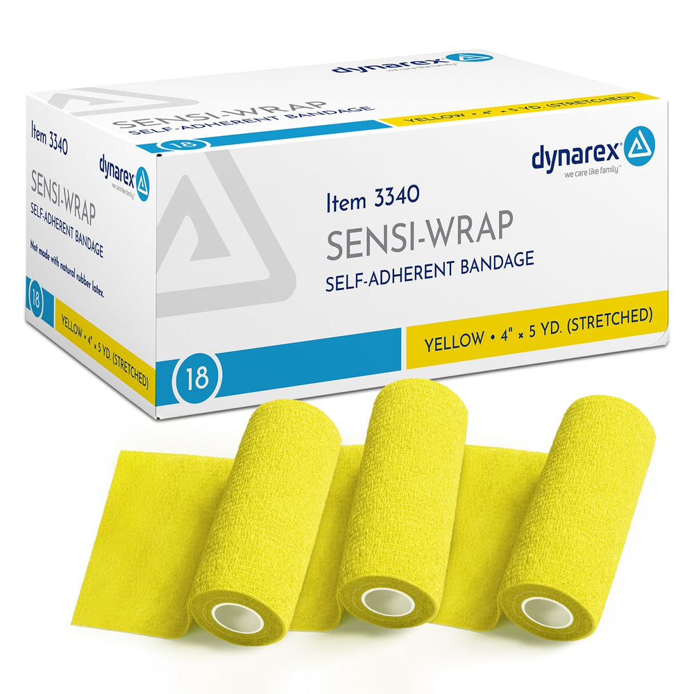 Dynarex Sensi-Wrap self-adhesive bandage pack offers reliable hold during activity without hair or clothing snags.