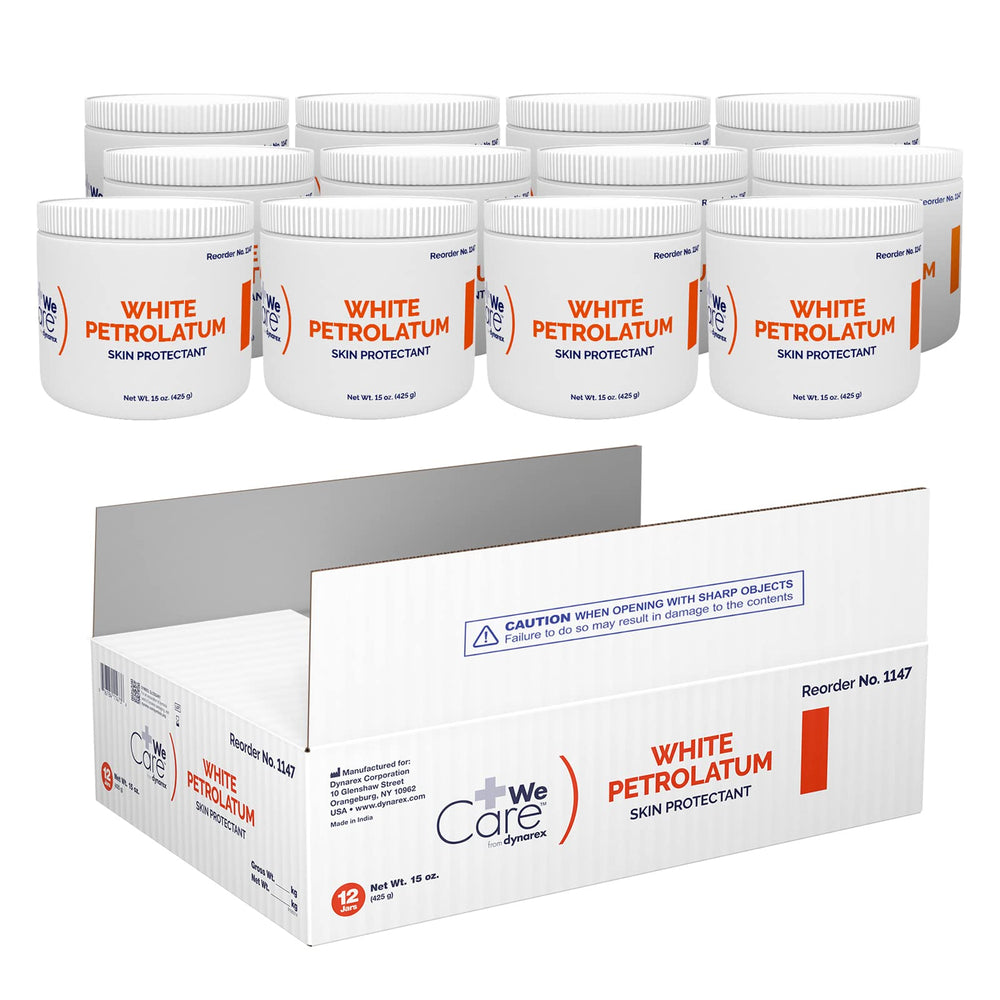 Dynarex White Petrolatum 15oz jar closeup, a skin protectant for dry or cracked areas.