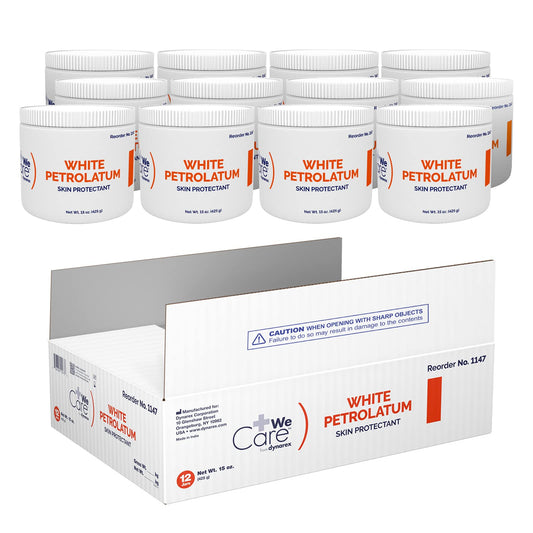 Dynarex White Petrolatum 15oz jar closeup, a skin protectant for dry or cracked areas.
