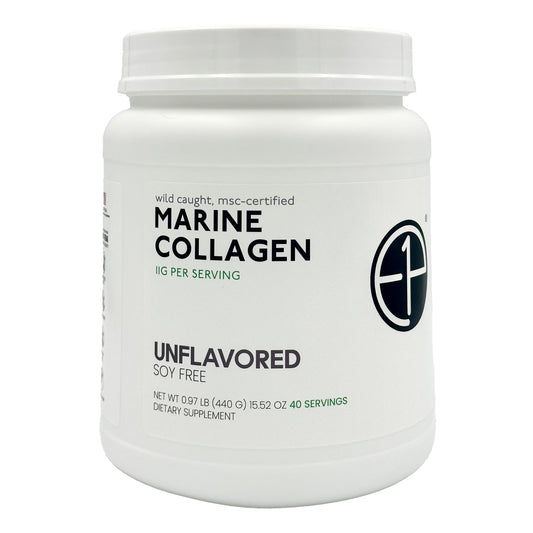 E1P Wild Caught Marine Collagen powder tub showing MSC-certified purity for skin support
