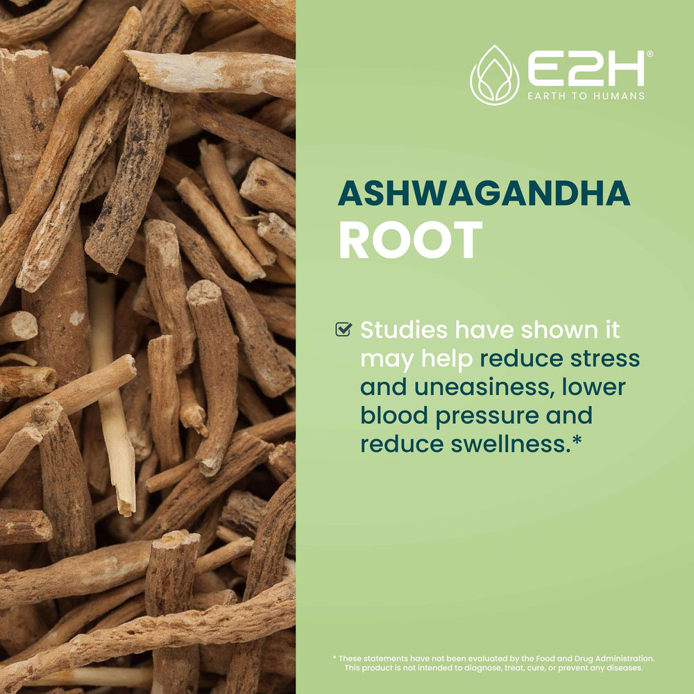 E2H Ashwagandha liquid drops label highlighting organic, vegan, non-GMO