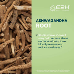 E2H Ashwagandha liquid drops label highlighting organic, vegan, non-GMO