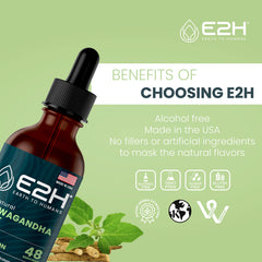 E2H Ashwagandha liquid drops vegan certification seal visible