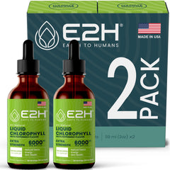 E2H Chlorophyll Liquid Drops bottle front showcases peppermint flavor and natural energy support.