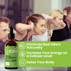 E2H Chlorophyll Liquid Drops bottle pour for easy mixing into water.